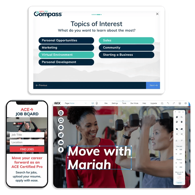 a graphic marketing the ace career support web pages and app